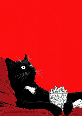 Black Cat Watching Movie with Popcorn