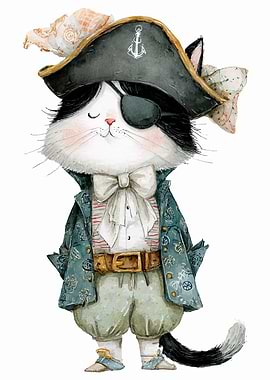 Cat Pirate Watercolor Illustration