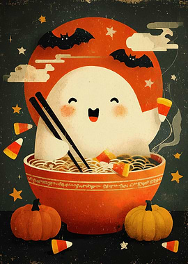 Halloween Ghost Ramen Bowl Illustration