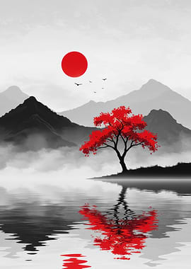 Red Tree Japanese Landscape Reflection