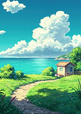 Coastal Landscape with Cottage and Clouds