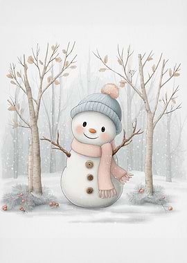 Cute Snowman in Winter Forest Scene