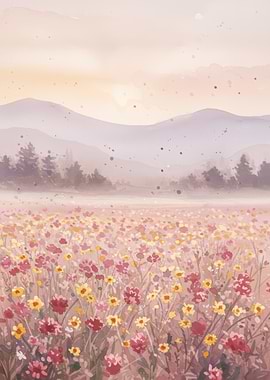 Watercolor Flower Field Landscape Painting