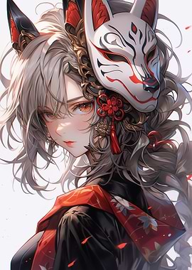 Anime Samurai Girl with Kitsune Mask