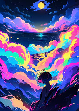 Colorful Night Sky with Figure