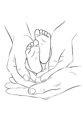 Baby Feet in Hands Minimalist Line Art