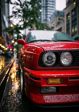 Red Car on Rainy City Street