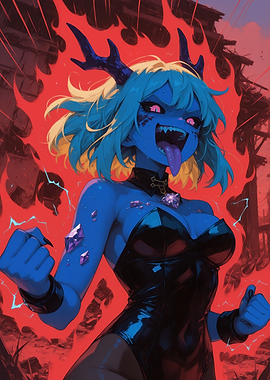 Blue Demon Girl in Ruined City