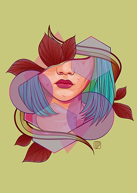 Geometric Abstract Portrait with Leaves