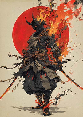 Fiery Samurai Warrior with Red Sun