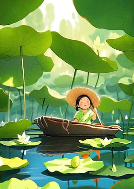Girl Boat Among Lotus Pads