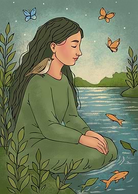 Woman with Bird and Butterflies Illustration