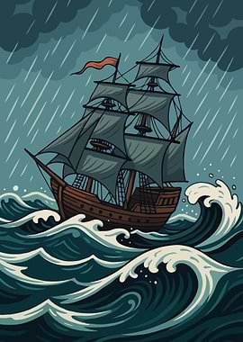 Ship in Stormy Seas Illustration