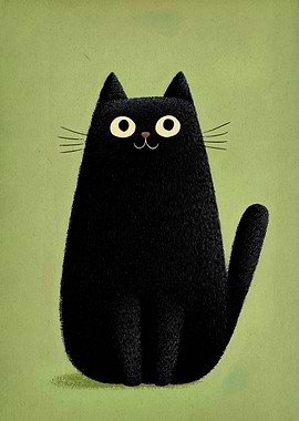 Cartoon Black Cat on Green Background