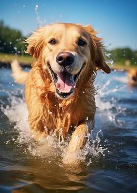 Golden Retriever Splashing in Water