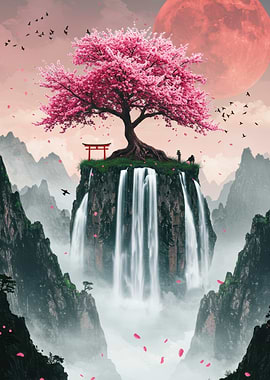 Cherry Blossom Tree Waterfall Landscape