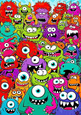 Colorful Monster Crowd Cartoon Illustration