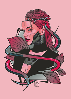 Cyberpunk Woman Portrait – Futuristic Floral Art