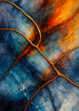 Abstract Porcelain #81 - Abstract Blue and Orange Kintsugi Art