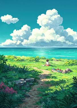 Anime Coastal Landscape with Girl