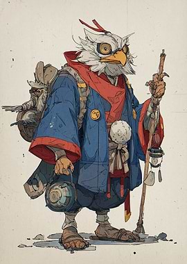 Anthropomorphic Owl Character in Traditional Clothing