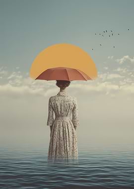 Surreal Woman with Umbrella in Water