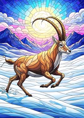 Stained Glass Ibex in Winter Landscape