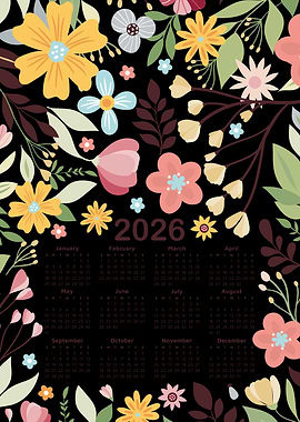 2026 Calendar Multicolor Hand Drawn Floral and Leaves Pattern