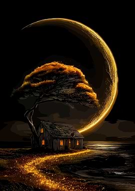 Golden Moonlit Cabin by the Sea