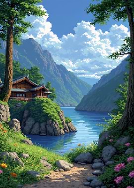 Serene Japanese Scenery with Traditional House Retro Pixel Art