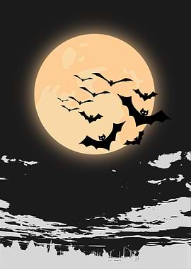 Halloween Night with Bats and Moon