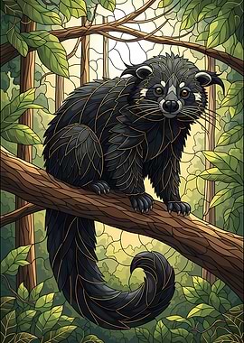 Binturong in Forest Stained Glass Style