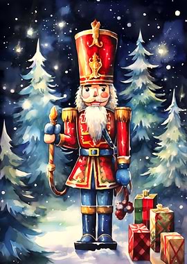 Watercolor Nutcracker with Christmas Gifts