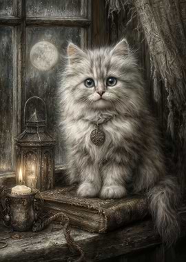 Mystical White Cat with Full Moon