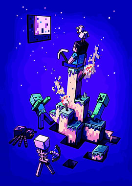 Minecraft Scene with Steve and Mobs