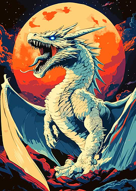 White Dragon Roaring Under a Full Moon