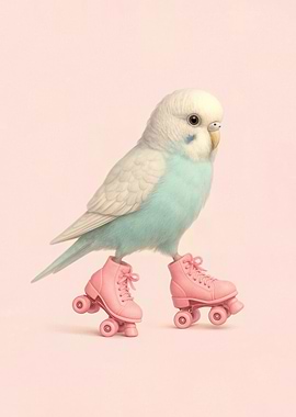 Roller Skating Budgie – Cute Pastel Bird Art for Kids