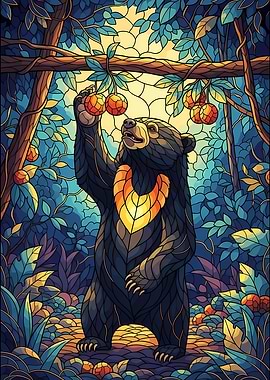 Stained Glass Bear Reaching for Fruit