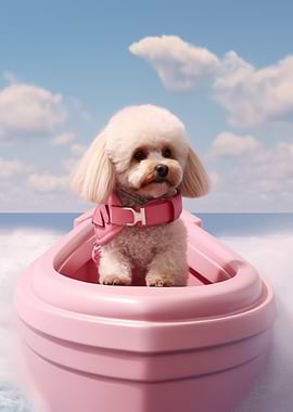 Bichon frise in Pink Boat on Water