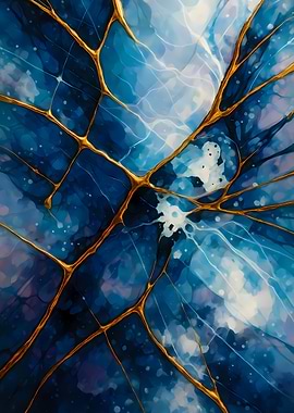 Abstract Porcelain #111 - Abstract Blue and Gold Veins