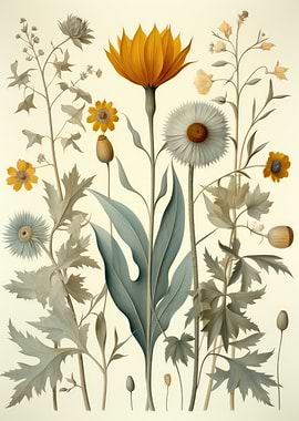 Botanical Illustration with Yellow and Blue Flowers