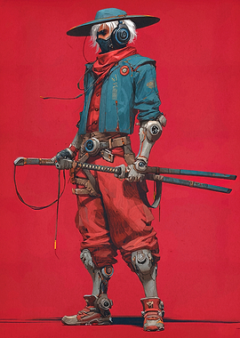 Cyberpunk Samurai on Red Background
