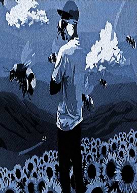 Man in Sunflower Field with Bees