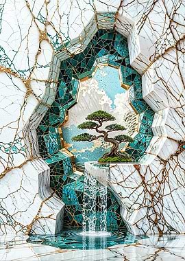 Bonsai and Waterfall in Marble Mosaic - Zen Nature