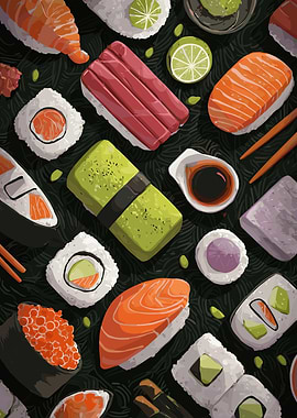 Assorted Sushi on Dark Background
