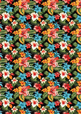 Tropical Hibiscus Floral Pattern on Black