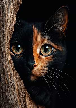 Calico Cat Peeking from Tree