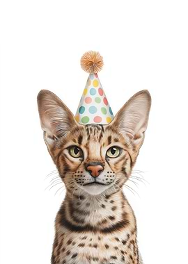 Savannah cat with Party Hat Portrait