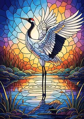 Stained Glass Crane in Water