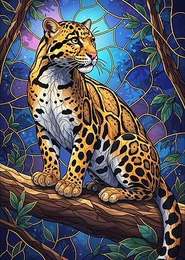 Leopard on Branch Stained Glass Style